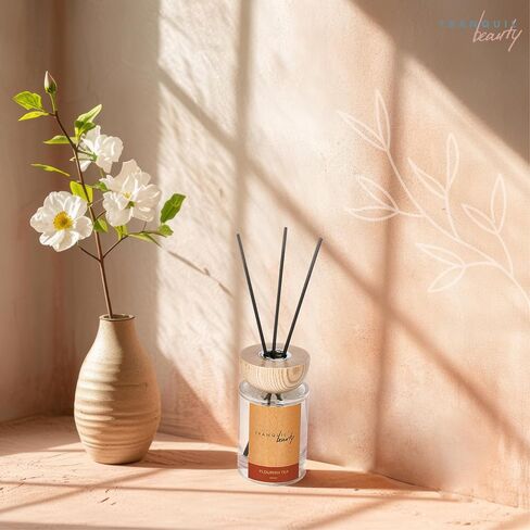 Tranquil Beauty Reed Diffuser with Wood Lid - Flourish Tea Scent Reed Aroma - Floral, Herbal and Slightly Sweet, Rose and Jasmine, 3 Sticks - Modernistic Design and Decorative Fragrance-2.3x4.3in in Saudi Arabia