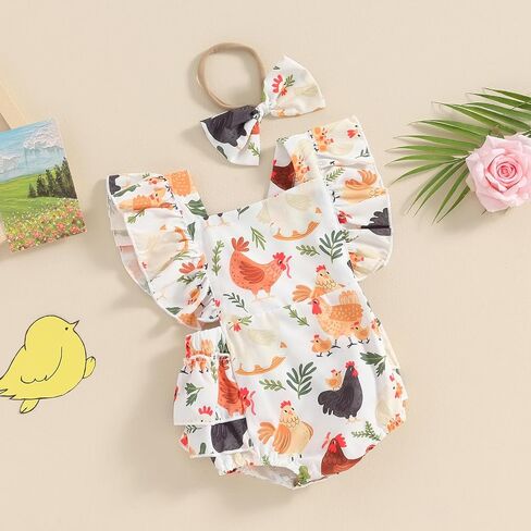 Newborn Baby Girl Farm Outfit Chicken Print Ruffle Sleeve Romper Jumpsuit Bodysuit with Headband Cute Summer Outfit in Saudi Arabia