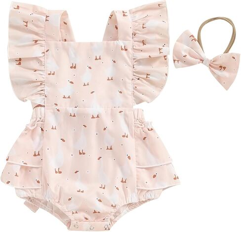Newborn Baby Girl Farm Outfit Chicken Print Ruffle Sleeve Romper Jumpsuit Bodysuit with Headband Cute Summer Outfit in Saudi Arabia