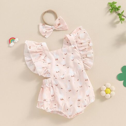 Newborn Baby Girl Farm Outfit Chicken Print Ruffle Sleeve Romper Jumpsuit Bodysuit with Headband Cute Summer Outfit in Saudi Arabia