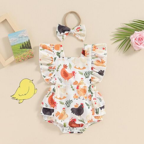 Newborn Baby Girl Farm Outfit Chicken Print Ruffle Sleeve Romper Jumpsuit Bodysuit with Headband Cute Summer Outfit in Saudi Arabia