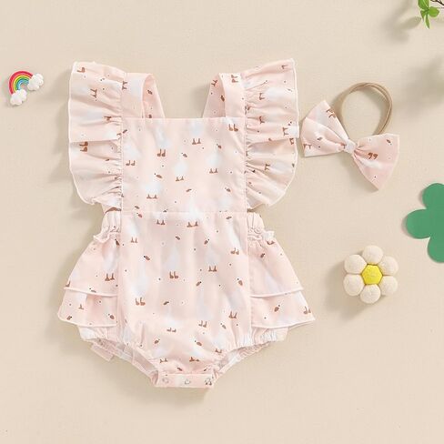 Newborn Baby Girl Farm Outfit Chicken Print Ruffle Sleeve Romper Jumpsuit Bodysuit with Headband Cute Summer Outfit in Saudi Arabia