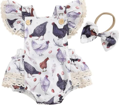 Newborn Baby Girl Farm Outfit Chicken Print Ruffle Sleeve Romper Jumpsuit Bodysuit with Headband Cute Summer Outfit in Saudi Arabia