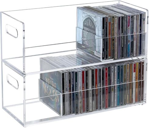 MyGift Modern Premium Clear Acrylic Stackable CD Holder Racks with Cutout Carrying Handles, Compact Disc Jewel Case Display Crates, Media Storage Organizers, Set of 2 in Saudi Arabia