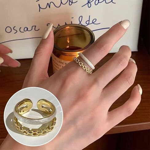Vintage White Enamel Ring Gold Chain Knuckle Ring Layered Open Finger Ring Retro Stacking Ring Adjustable Enamel Ring Jewelry for Women and Girls in Saudi Arabia