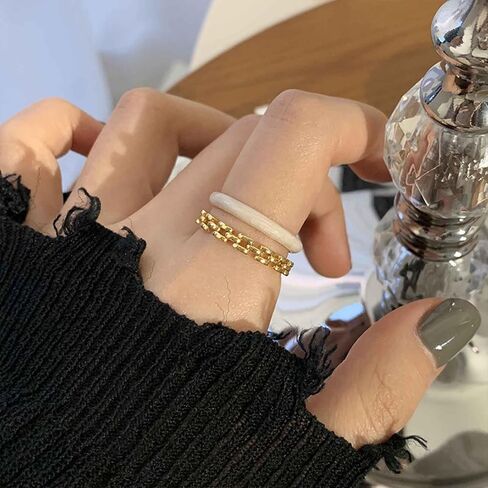 Vintage White Enamel Ring Gold Chain Knuckle Ring Layered Open Finger Ring Retro Stacking Ring Adjustable Enamel Ring Jewelry for Women and Girls in Saudi Arabia