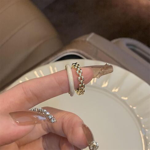 Vintage White Enamel Ring Gold Chain Knuckle Ring Layered Open Finger Ring Retro Stacking Ring Adjustable Enamel Ring Jewelry for Women and Girls in Saudi Arabia