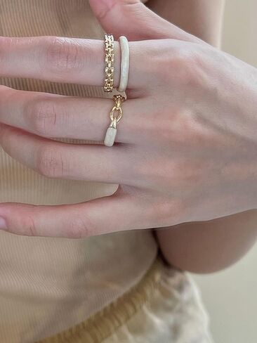 Vintage White Enamel Ring Gold Chain Knuckle Ring Layered Open Finger Ring Retro Stacking Ring Adjustable Enamel Ring Jewelry for Women and Girls in Saudi Arabia