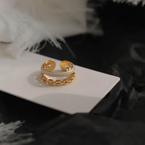 Vintage White Enamel Ring Gold Chain Knuckle Ring Layered Open Finger Ring Retro Stacking Ring Adjustable Enamel Ring Jewelry for Women and Girls in Saudi Arabia