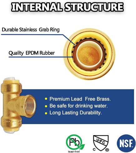 HQMPC Pex Fittings Female Tee No Lead 3/4" Push Fit Female Plumbing Tee Push-to-Connect Plumbing Fittings Brass Pipe Connector T Fittings for Copper PEX CPVC 2Pcs in Saudi Arabia