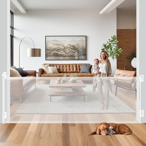 TSAYAWA 138" Extra Wide Retractable Baby Gate for Large Opening, 34.5 Inch Tall Long Child Safety Baby Gates for Doorways Hallways Stairs, Adjustable Mesh Dog Gate for Kids, Indoor Outdoor, White in Kuwait