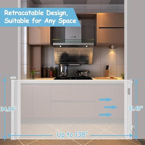 TSAYAWA 138" Extra Wide Retractable Baby Gate for Large Opening, 34.5 Inch Tall Long Child Safety Baby Gates for Doorways Hallways Stairs, Adjustable Mesh Dog Gate for Kids, Indoor Outdoor, White in Kuwait