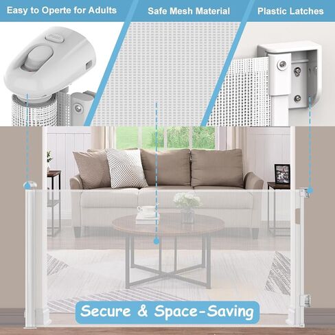 TSAYAWA 138" Extra Wide Retractable Baby Gate for Large Opening, 34.5 Inch Tall Long Child Safety Baby Gates for Doorways Hallways Stairs, Adjustable Mesh Dog Gate for Kids, Indoor Outdoor, White in Kuwait