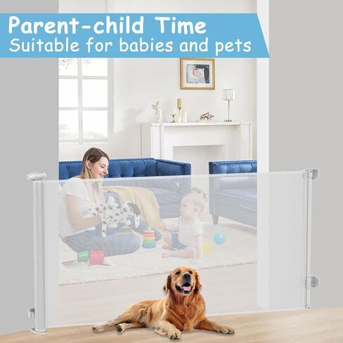 TSAYAWA 138" Extra Wide Retractable Baby Gate for Large Opening, 34.5 Inch Tall Long Child Safety Baby Gates for Doorways Hallways Stairs, Adjustable Mesh Dog Gate for Kids, Indoor Outdoor, White in Kuwait