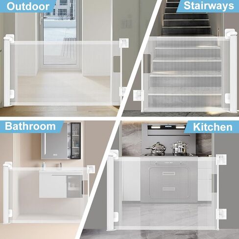 TSAYAWA 138" Extra Wide Retractable Baby Gate for Large Opening, 34.5 Inch Tall Long Child Safety Baby Gates for Doorways Hallways Stairs, Adjustable Mesh Dog Gate for Kids, Indoor Outdoor, White in Kuwait