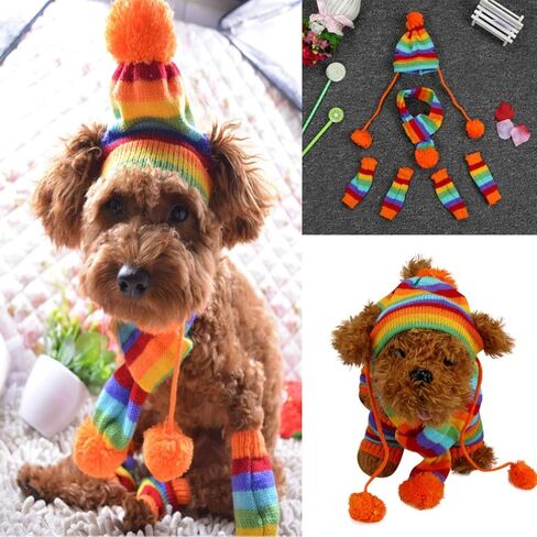 POPETPOP Knitted Winter Dog Scarf Hat Set - Winter Warm Caps Neck Warmer Knitted Scarf Hat Leg Warmers Knitted Hat for Dogs in Saudi Arabia