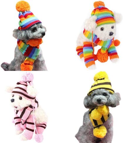 POPETPOP Knitted Winter Dog Scarf Hat Set - Winter Warm Caps Neck Warmer Knitted Scarf Hat Leg Warmers Knitted Hat for Dogs in Saudi Arabia