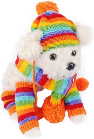 POPETPOP Knitted Winter Dog Scarf Hat Set - Winter Warm Caps Neck Warmer Knitted Scarf Hat Leg Warmers Knitted Hat for Dogs in Saudi Arabia