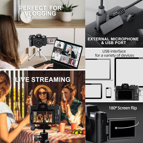 كاميرا رقمية بدقة 4K للتصوير الفوتوغرافي والفيديو، وكاميرا تسجيل فيديو بدقة 48 ميجابكسل لليوتيوب مع شاشة قابلة للطي بزاوية 180 درجة، وتكبير رقمي 16X، وزاوية عريضة 52 ملم وعدسة ماكرو، وبطاريتين، وبطاقة TF بسعة 32 جيجابايت in Kuwait