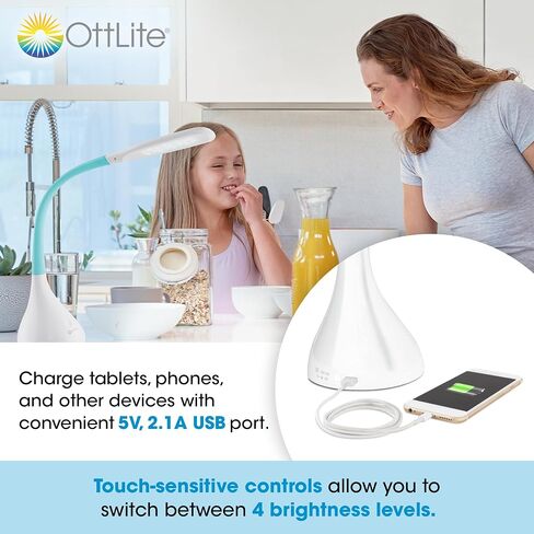 OttLite LED Desk Lamp with Adjustable Neck, Creative Curves (White/Grey) - 2.1A USB Charging Port, 4 Dimmable Brightness Settings, Energy-Efficient ClearSun LEDs for Home & Office in Saudi Arabia