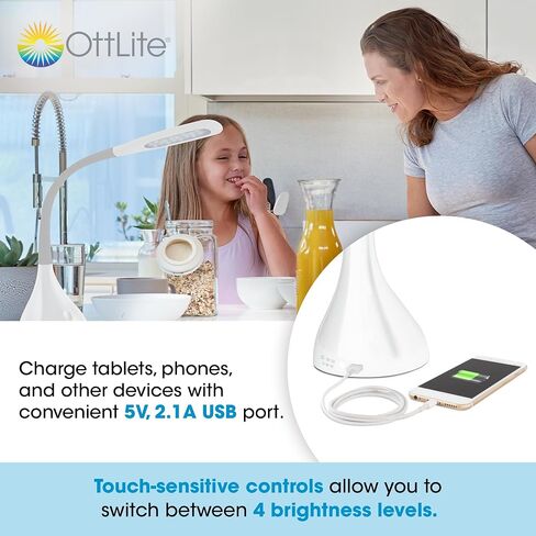 OttLite LED Desk Lamp with Adjustable Neck, Creative Curves (White/Grey) - 2.1A USB Charging Port, 4 Dimmable Brightness Settings, Energy-Efficient ClearSun LEDs for Home & Office in Saudi Arabia