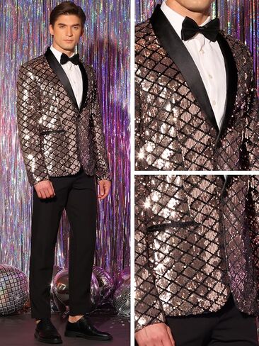 Lars Amadeus Sequin Blazer for Men's Argyle Pattern Peak Lapel Prom Shiny Sports Coat in Saudi Arabia
