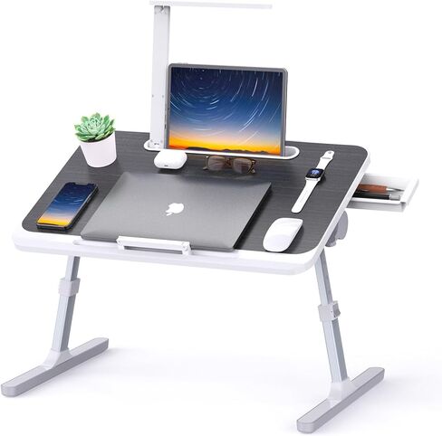 مكتب لاب توب مع ضوء LED ودرج، طاولة سرير محمولة للأريكة والدراسة والقراءة، مكتب لاب توب قابل للتعديل للكمبيوتر المحمول والكتابة (أسود) in Kuwait