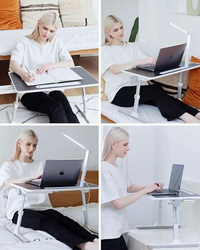 مكتب لاب توب مع ضوء LED ودرج، طاولة سرير محمولة للأريكة والدراسة والقراءة، مكتب لاب توب قابل للتعديل للكمبيوتر المحمول والكتابة (أسود) in Kuwait