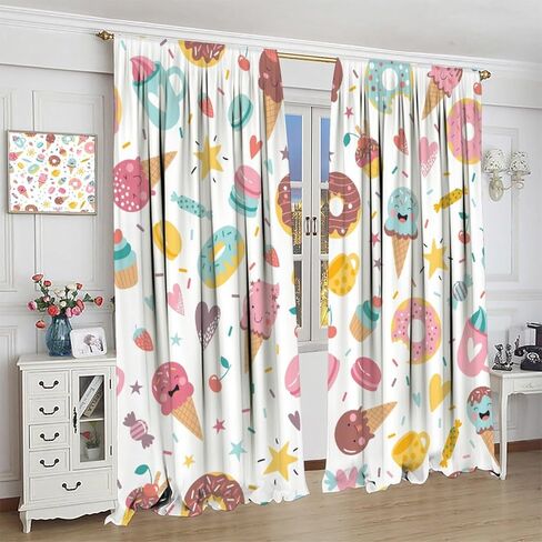 Ice Cream Curtains for Kids,Cartoon Creamy Desserts Sweet Donut Cute Window Treatments for Girls Boys Child Bedroom Living Room Study Window Drapes 2 Panels Set,Total Size 42" x 45" in Saudi Arabia