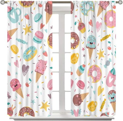 Ice Cream Curtains for Kids,Cartoon Creamy Desserts Sweet Donut Cute Window Treatments for Girls Boys Child Bedroom Living Room Study Window Drapes 2 Panels Set,Total Size 42" x 45" in Saudi Arabia