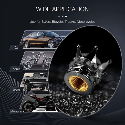 4PCS Bling Tire Valve Stem Caps, Crown Tire Valve Stem Caps, Attractive Dustproof Bling Car Accessories, Universal for Cars, Trucks and Motorcycles (Black) in Saudi Arabia