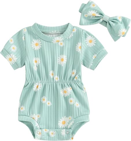 Baby Girl Summer Clothes Floral Short Sleeve Romper Ribbed Knit Jmupsuit Bodysuit with Headband Cute Outfit in Saudi Arabia