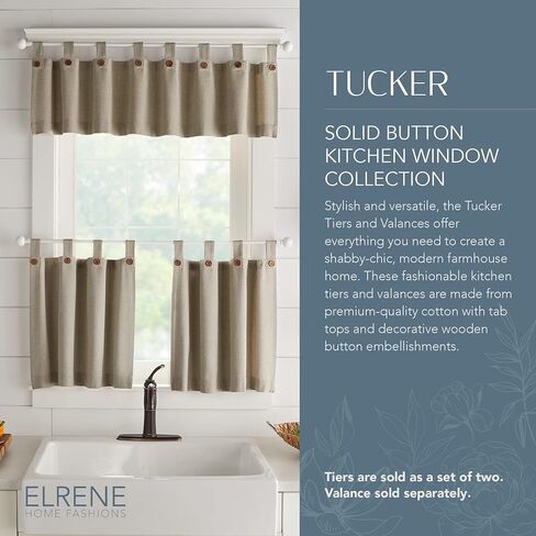 ستائر نافذة Elrene Home Fashions Tucker ذات طبقة أزرار صلبة للمطبخ أو الحمام، 76.2 سم × 60.96 سم، كتان، مجموعة من 2 in Kuwait