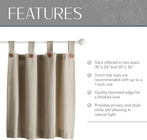 ستائر نافذة Elrene Home Fashions Tucker ذات طبقة أزرار صلبة للمطبخ أو الحمام، 76.2 سم × 60.96 سم، كتان، مجموعة من 2 in Kuwait