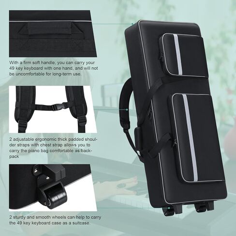 49 Key Keyboard Case with Wheels (36.6"x14.9"x4.7") | Soft Padded 49 Key Keyboard Case Rolling Bag with Multi-Pocket | 49 Key Keyboard Case Gig-Bag with Roller & Handles & Shoulder Straps in Kuwait