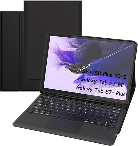 حافظة لهاتف Samsung Galaxy Tab S7 FE / S7 Plus /S8+ 12.4 بوصة مع لوحة مفاتيح - غطاء لوحة مفاتيح لوحية لاسلكية ذكية قابلة للفصل - Tab S7 FE 2021/ S7+ 2020/S8+ حافظة لوحة مفاتيح مع حامل قلم S أسود in Kuwait