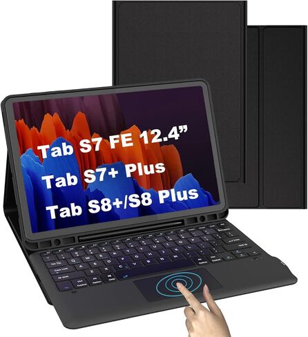 حافظة لهاتف Samsung Galaxy Tab S7 FE / S7 Plus /S8+ 12.4 بوصة مع لوحة مفاتيح - غطاء لوحة مفاتيح لوحية لاسلكية ذكية قابلة للفصل - Tab S7 FE 2021/ S7+ 2020/S8+ حافظة لوحة مفاتيح مع حامل قلم S أسود in Kuwait
