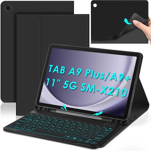حافظة لوحة المفاتيح DETUOSI بإضاءة خلفية لجهاز Samsung Galaxy Tab A9 Plus/ A9+ 5G 11 بوصة (SM-X210) 2023 Android Tablet مع حامل قلم S | غطاء خلفي ناعم من مادة TPU | إغلاق مغناطيسي | لوحة مفاتيح لاسلكية قابلة للفصل ذات 7 ألوان in Saudi Arabia
