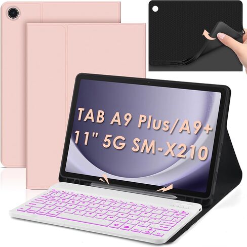 حافظة لوحة المفاتيح DETUOSI بإضاءة خلفية لجهاز Samsung Galaxy Tab A9 Plus/ A9+ 5G 11 بوصة (SM-X210) 2023 Android Tablet مع حامل قلم S | غطاء خلفي ناعم من مادة TPU | إغلاق مغناطيسي | لوحة مفاتيح لاسلكية قابلة للفصل ذات 7 ألوان in Saudi Arabia