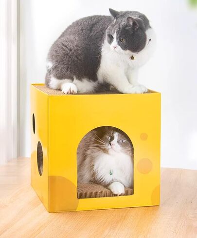 Cat Condo with Two Scratching Pads, 11.8"x11.8"x11.8". Sweet Home for Kittens, Cats & Small Pets (Yellow) in Saudi Arabia