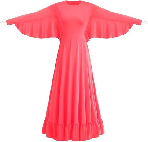 Womens Angel Wing Worship Liturgical Praise Dance Dress Loose Fit Full Length Ruffle Tunic Maxi Dancewear Ballet Gown in Saudi Arabia