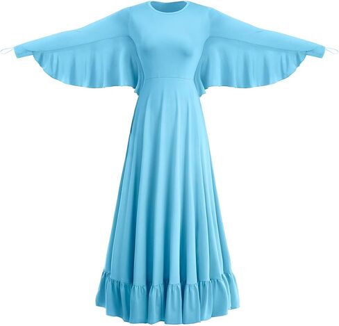 Womens Angel Wing Worship Liturgical Praise Dance Dress Loose Fit Full Length Ruffle Tunic Maxi Dancewear Ballet Gown in Saudi Arabia