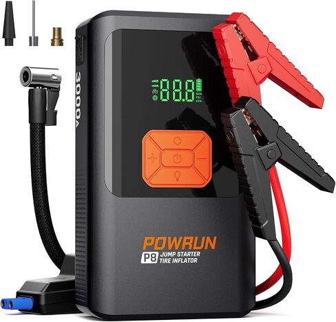 Powrun P8 Jump Starter مع ضاغط هواء، صندوق القفز المحمول لبطارية 3000 أمبير (ما يصل إلى 7.5 لتر ديزل / محركات غاز 9.0 لتر) مع مضخة هواء 150 رطل لكل بوصة مربعة، بادئ تشغيل السيارة 12 فولت مع حقيبة حمل in Kuwait
