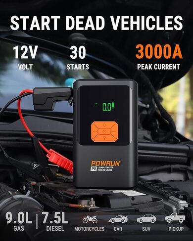 Powrun P8 Jump Starter مع ضاغط هواء، صندوق القفز المحمول لبطارية 3000 أمبير (ما يصل إلى 7.5 لتر ديزل / محركات غاز 9.0 لتر) مع مضخة هواء 150 رطل لكل بوصة مربعة، بادئ تشغيل السيارة 12 فولت مع حقيبة حمل in Kuwait