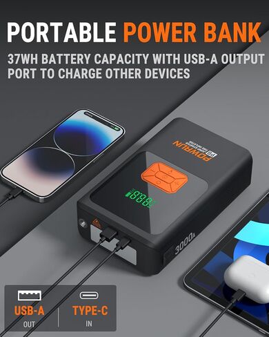 Powrun P8 Jump Starter مع ضاغط هواء، صندوق القفز المحمول لبطارية 3000 أمبير (ما يصل إلى 7.5 لتر ديزل / محركات غاز 9.0 لتر) مع مضخة هواء 150 رطل لكل بوصة مربعة، بادئ تشغيل السيارة 12 فولت مع حقيبة حمل in Kuwait