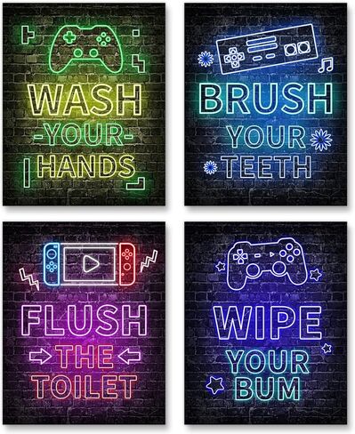 مجموعة ديكور ألعاب فيديو نيون مكونة من 4 قطع (8 × 10 بوصة)، ديكورات غرفة الأولاد للحمام، كلمات مضحكة، لوحة فنية جدارية لألعاب الأطفال الصبيان، ديكور جداري للاعبين، حمام صبي في سن المراهقة، بدون إطارات (4 عبوات) in Kuwait