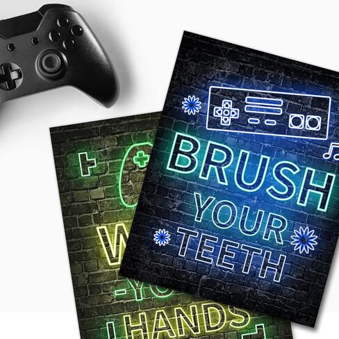 مجموعة ديكور ألعاب فيديو نيون مكونة من 4 قطع (8 × 10 بوصة)، ديكورات غرفة الأولاد للحمام، كلمات مضحكة، لوحة فنية جدارية لألعاب الأطفال الصبيان، ديكور جداري للاعبين، حمام صبي في سن المراهقة، بدون إطارات (4 عبوات) in Kuwait