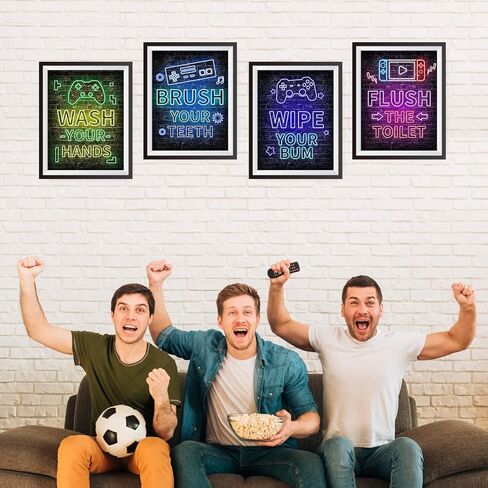 مجموعة ديكور ألعاب فيديو نيون مكونة من 4 قطع (8 × 10 بوصة)، ديكورات غرفة الأولاد للحمام، كلمات مضحكة، لوحة فنية جدارية لألعاب الأطفال الصبيان، ديكور جداري للاعبين، حمام صبي في سن المراهقة، بدون إطارات (4 عبوات) in Kuwait