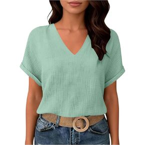 Womens Summer Gauze Blouses Crinkle Texture V Neck Short Sleeve Pullover Shirts Solid Color Work Camping Outfits Top in Saudi Arabia