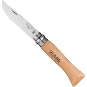 Opinel No. 08 INOX - Sandvik Stainless Steel Folding Pocket Knife, Beechwood Handle, 3.28 in Blade, Virobloc Safety Locking Collar, Made in France in Saudi Arabia